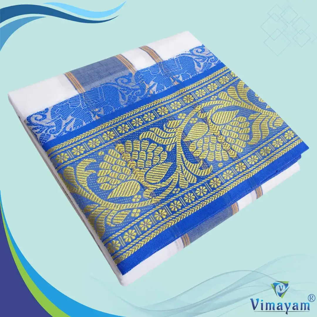 Anandha blue and green 8 inch border dhoti - Assorted border designs - Vimayam Dhoties