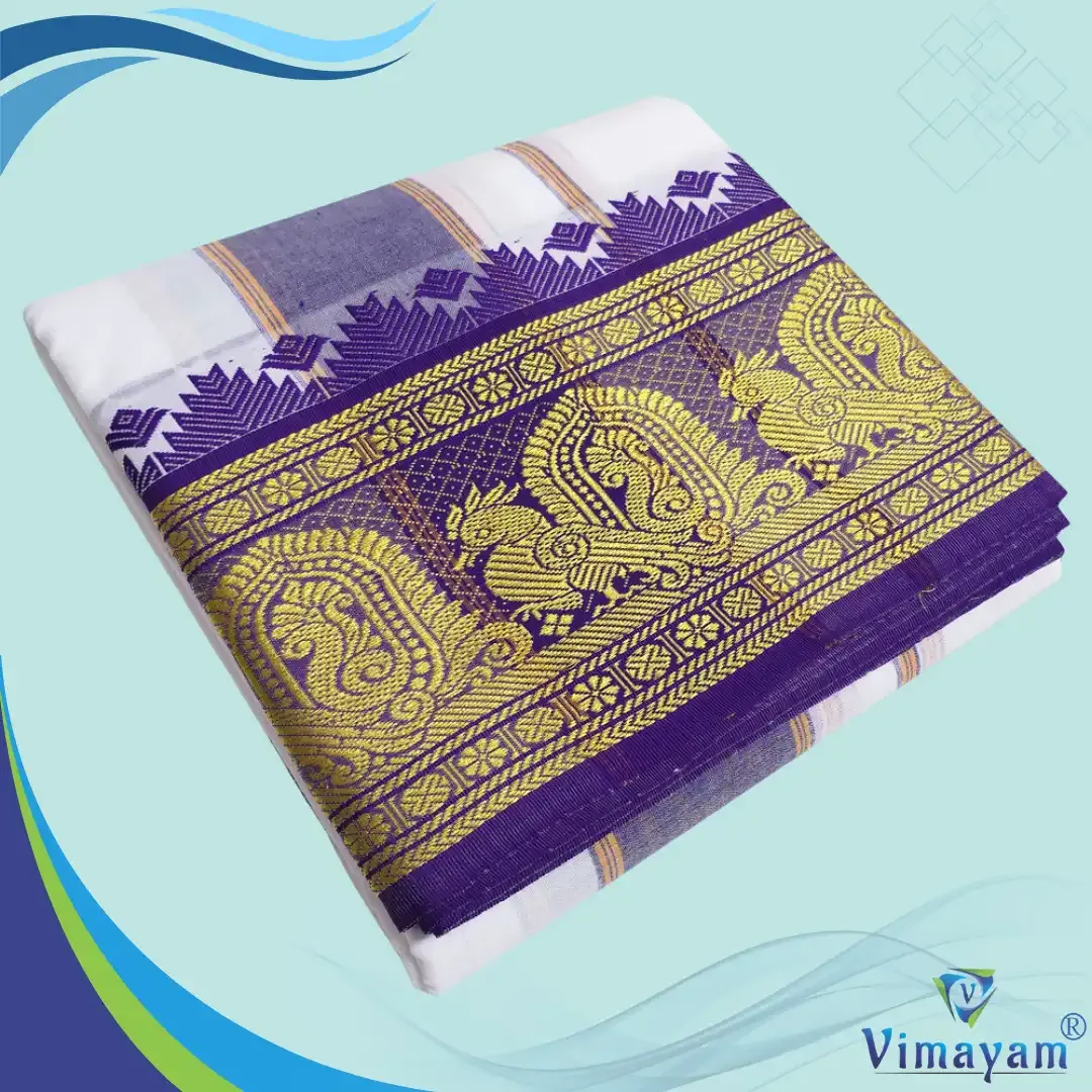 Blue and green 8 inch border dhoti - Assorted border designs - Vimayam Dhoties