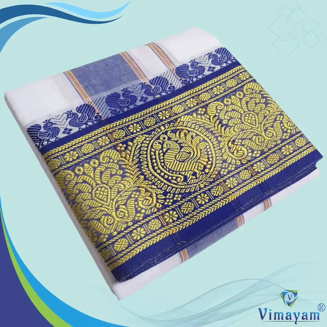 Ink blue and green 8 inch border dhoti - Assorted border designs - Vimayam Dhoties