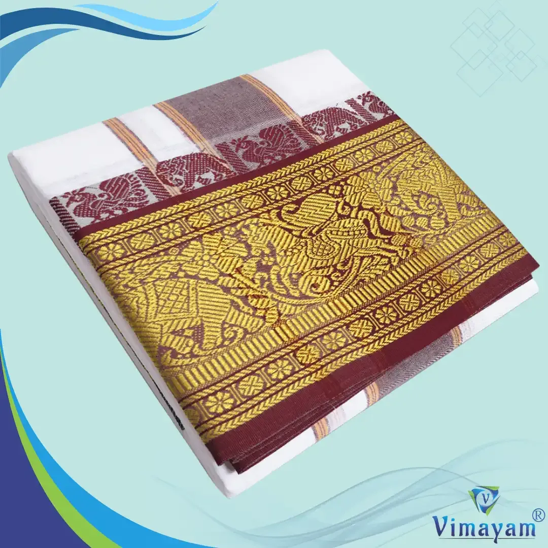 Maroon and green 8 inch border dhoti - Assorted border designs - Vimayam Dhoties