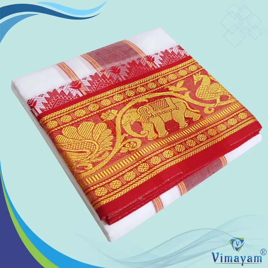 Red and green 8 inch border dhoti - Assorted border designs - Vimayam Dhoties