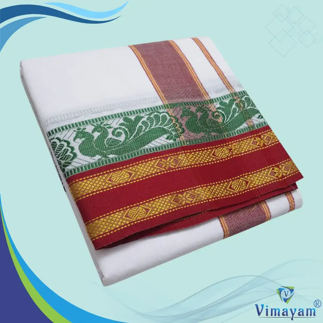 Double Peacock fancy tower border dhoti 9X5 - Vimayam Dhoties