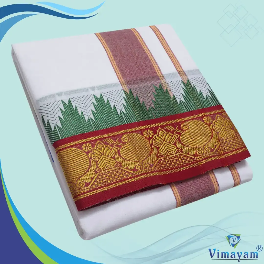Mango flower Designed temple border dhoti 9X5 - Vimayam Dhoties