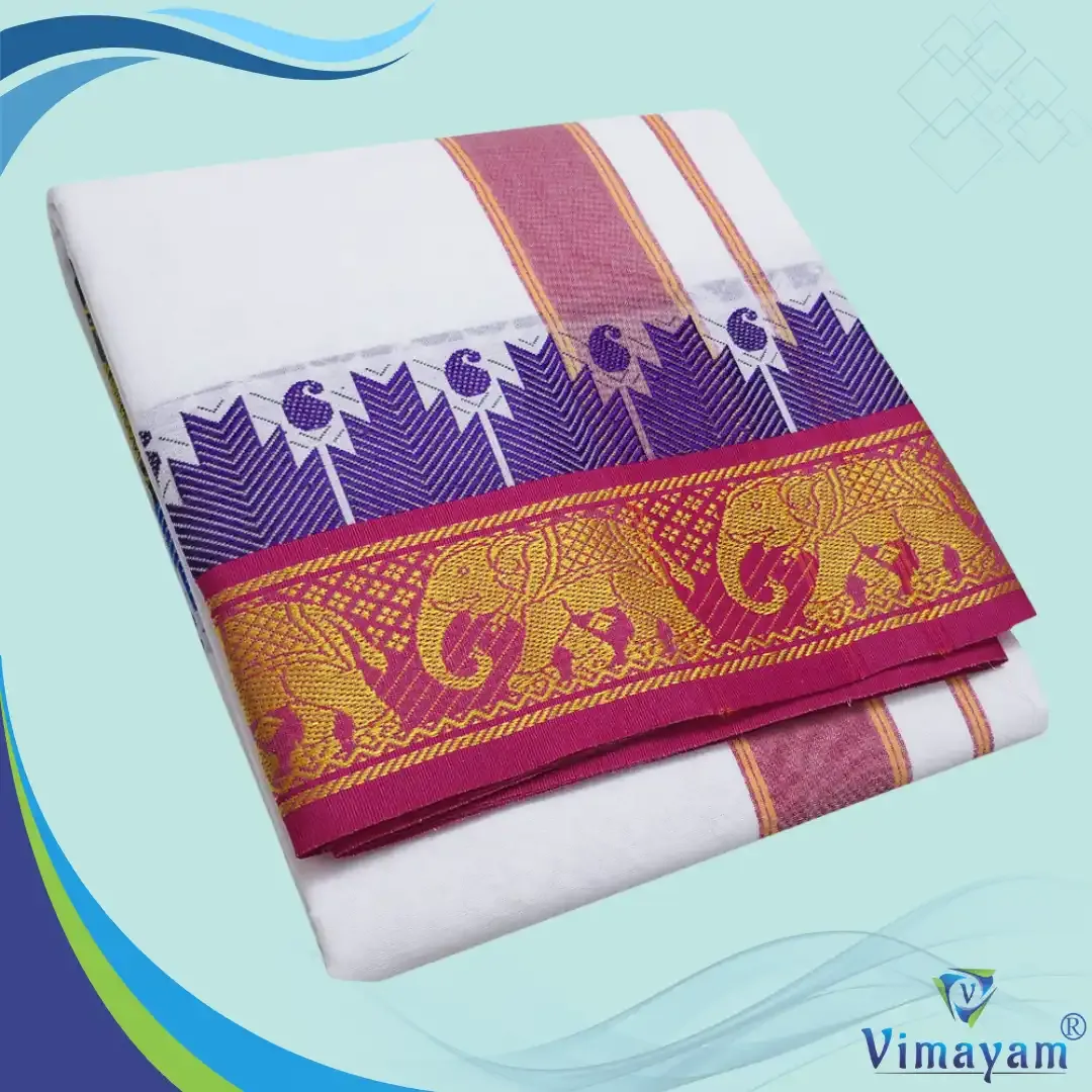 Elephant Designed Plain temple border dhoti 9X5 - Vimayam Dhoties