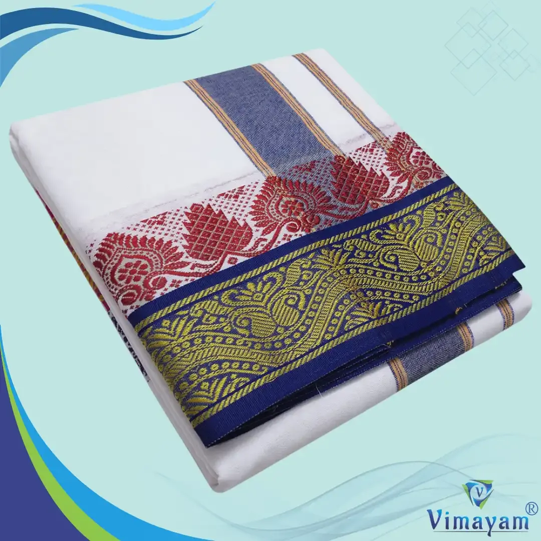 Dual flower temple border white dhoti 9X5 - Assorted Border colours - Vimayam Dhoties