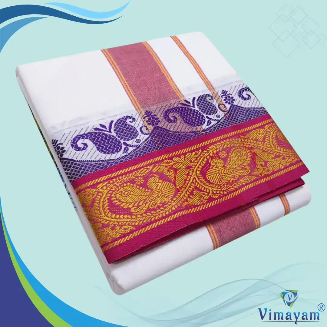 Dual tone Peacock temple border dhoti - Assorted border colours - Vimayam Dhoties