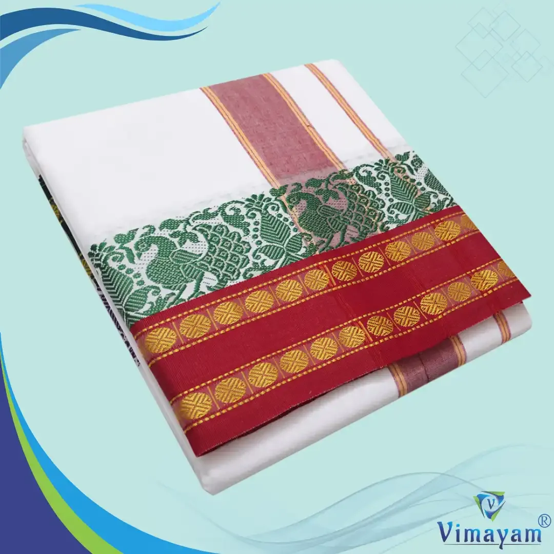 Udraj border with peacock temple border dhoti - Assorted border colours - Vimayam Dhoties