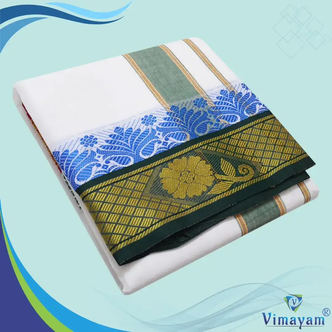 Flower designed temple border dhoti - Assorted border colours - Vimayam Dhoties