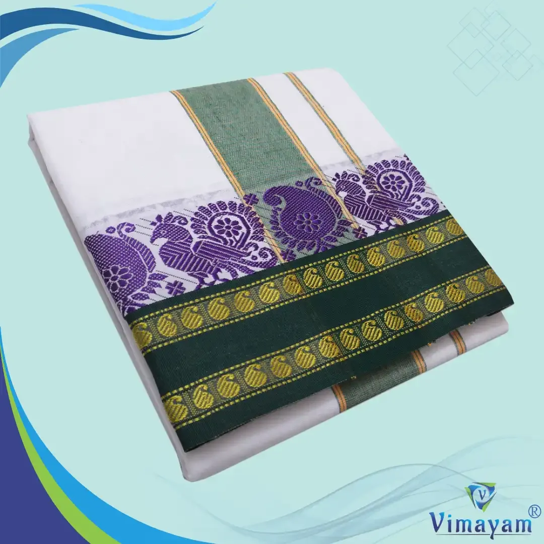 Double mango flower temple border dhoti - Assorted border colours - Vimayam Dhoties
