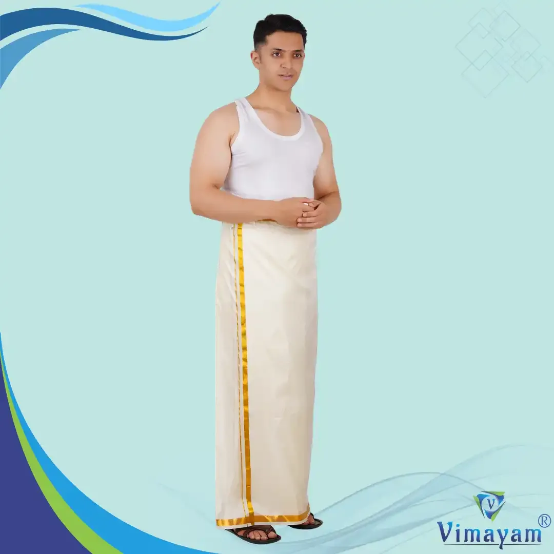 Golden zari Readymade velkaro dhoti art silk - Free Size - Vimayam Dhoties