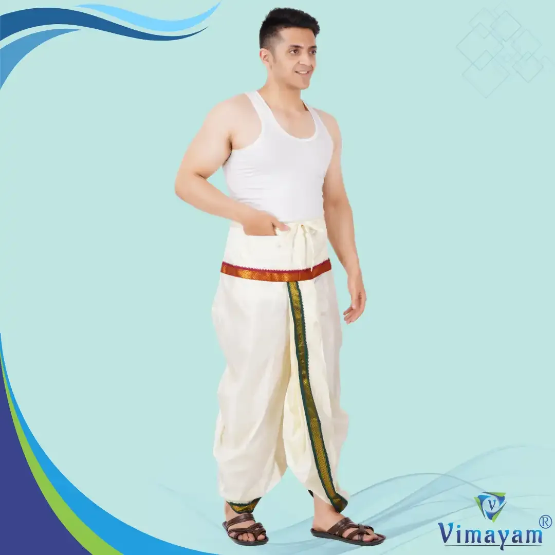 Mayilkan zari Readymade Panjagajam dhoti and towel art silk  - Vimayam Dhoties