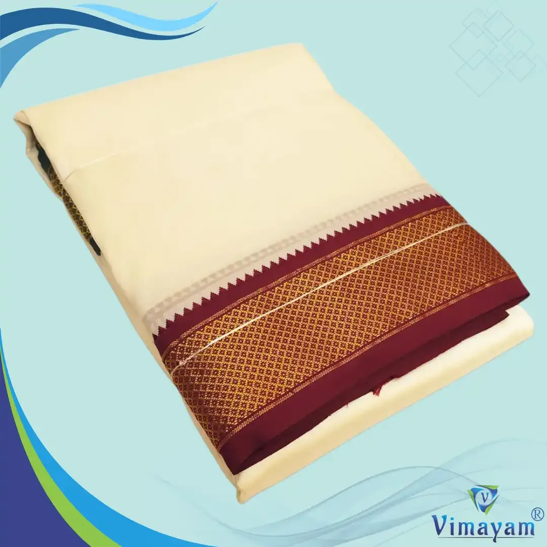 Art silk cream colour silk dhoti mayilkan dhoti - 11 Kan - Vimayam Dhoties