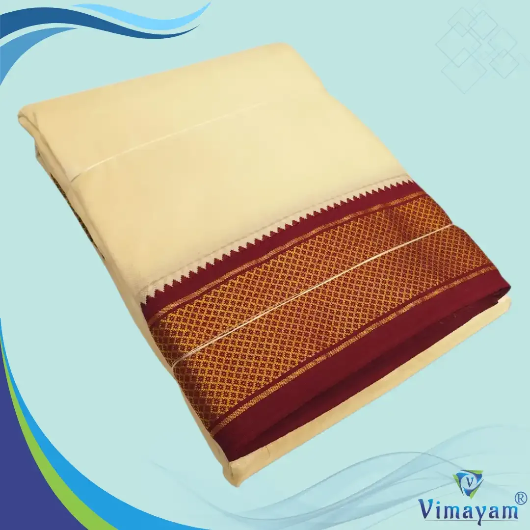 Art silk cream colour silk dhoti mayilkan dhoti - 13 Kan - Vimayam Dhoties