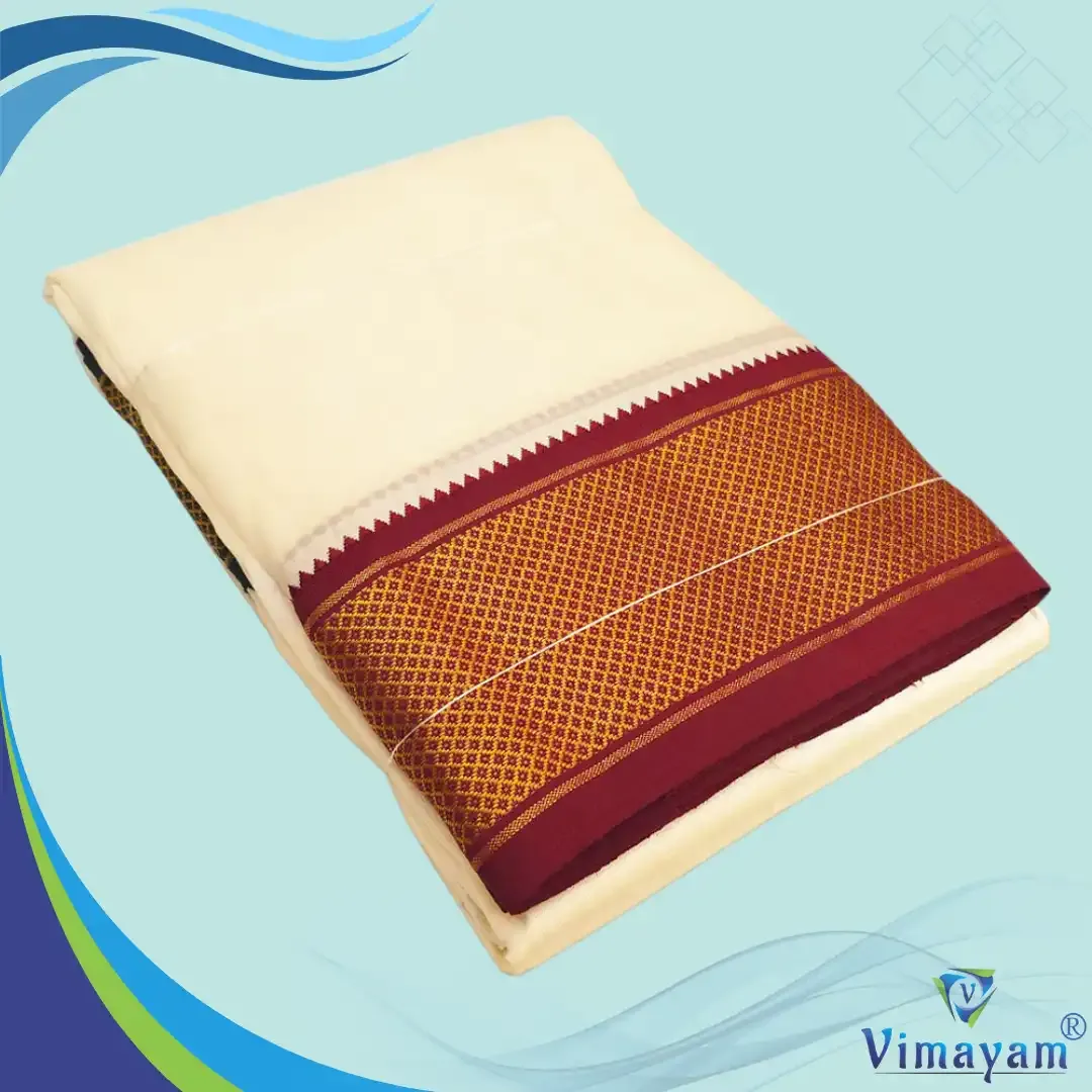 Art silk cream colour silk dhoti mayilkan dhoti - 16 Kan - Vimayam Dhoties
