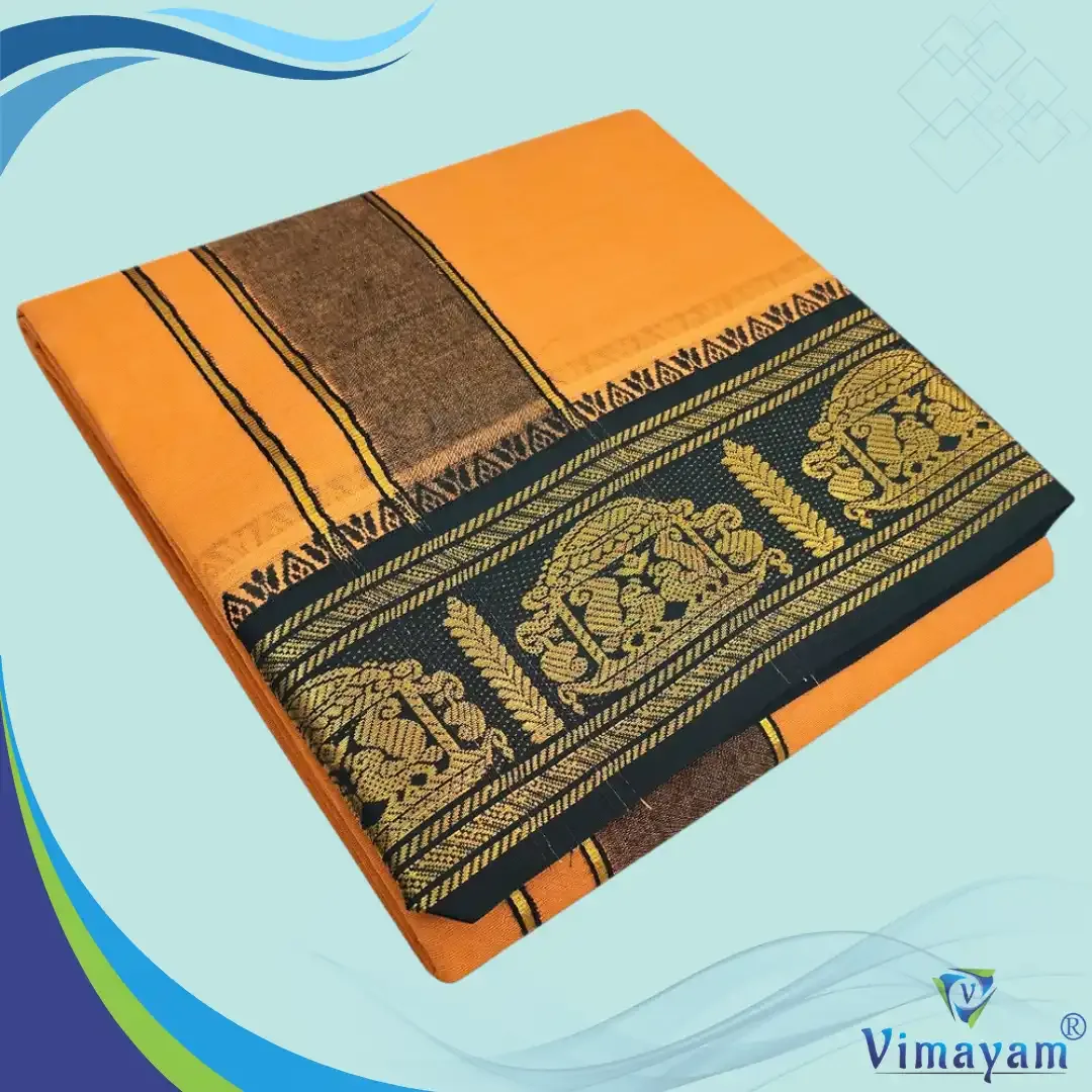 Golden mango colour premium quality dhoti towel - Assorted border colour and designs - Vimayam Dhoties