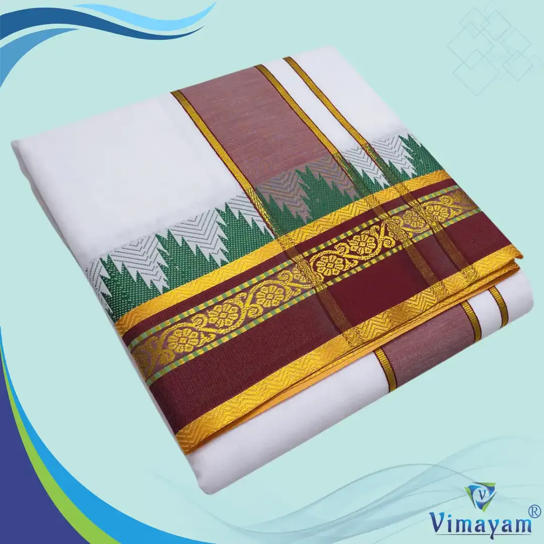 Plain Flower temple tower dhoti premium quality white dhoti - Assorted border Colours - Vimayam Dhoties