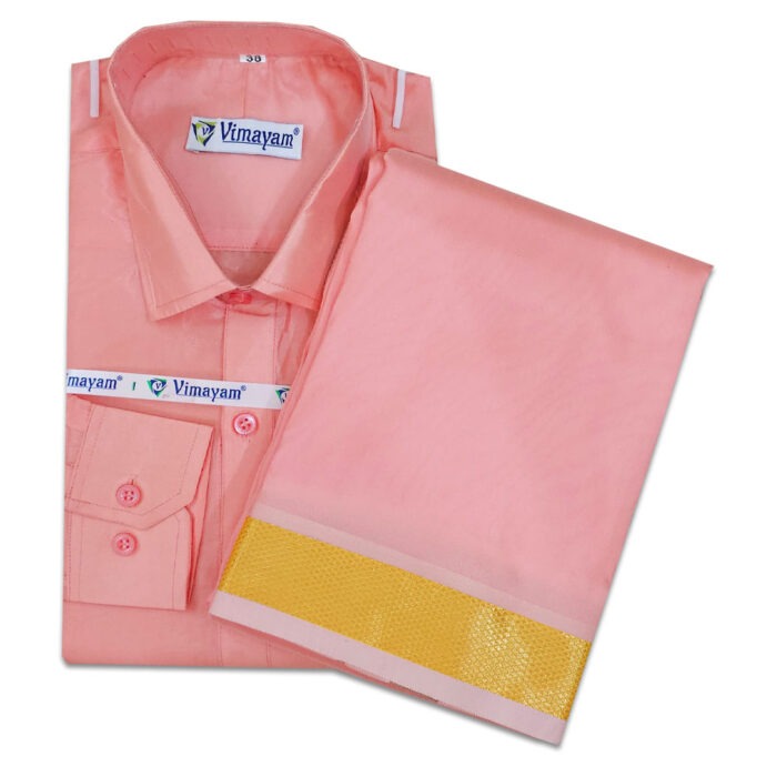 Baby Pink Color with Golden Border Dhoti towel & Shirt 3 in 1 - Image 1