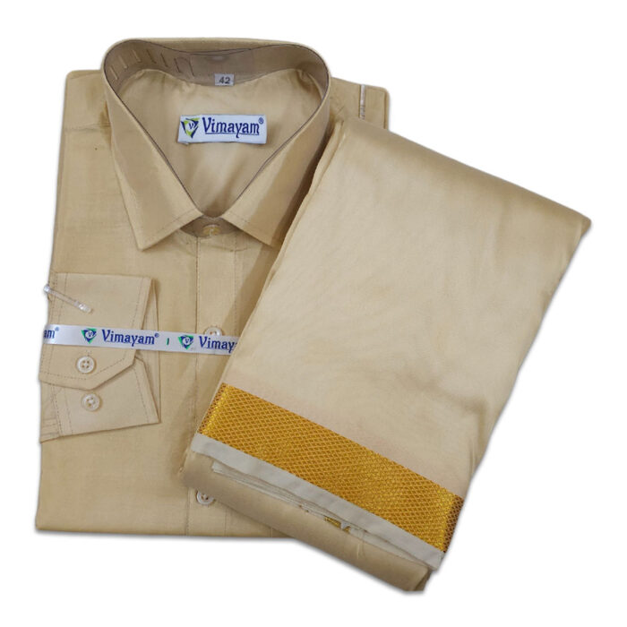 Biscuit Color with Golden Border Dhoti towel & Shirt 3 in 1 - Image 1