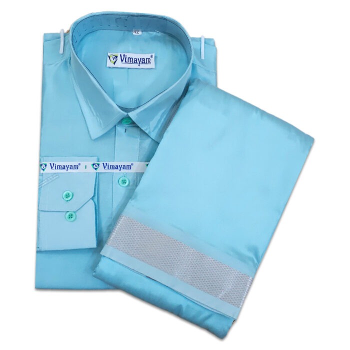Blue Color with Copper Border Dhoti towel & Shirt 3 in 1 - Image 1