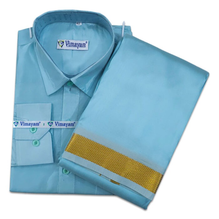 Blue Color with Golden Border Dhoti towel & Shirt 3 in 1 - Image 1