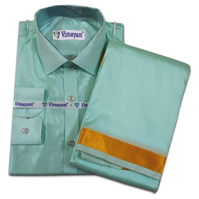 Blue Color with Golden Border Dhoti towel & Shirt 3 in 1 - Image 1