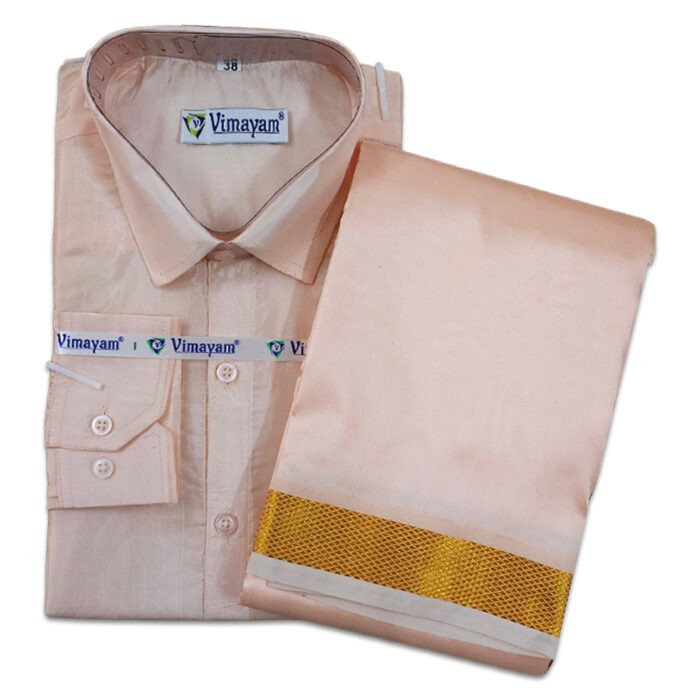Coral Color with Golden Border Dhoti towel & Shirt 3 in 1 - Image 1