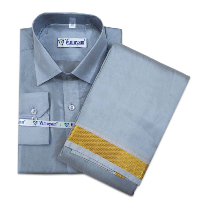 Grey Color with Golden Border Dhoti towel & Shirt 3 in 1 - Image 1