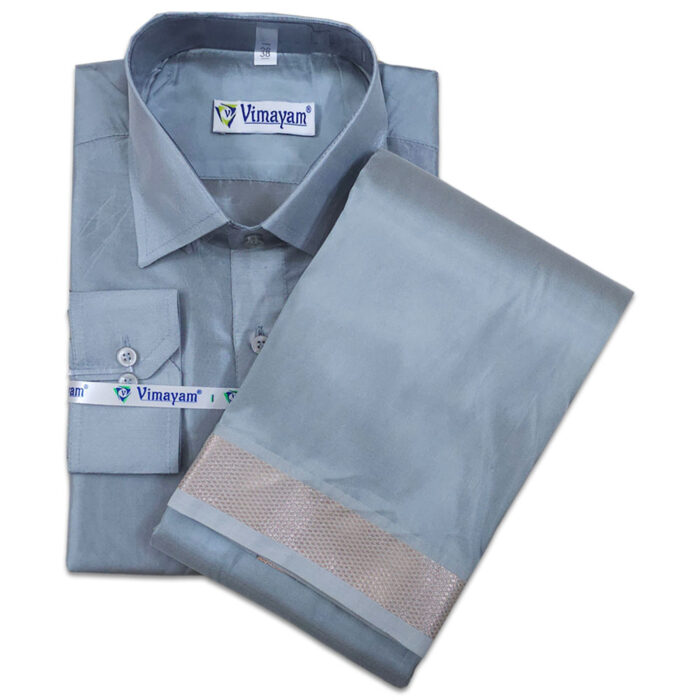 Grey Color with Copper Border Dhoti towel & Shirt 3 in 1 - Image 1
