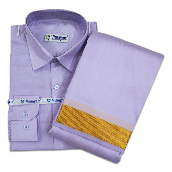Violet Color with Golden Border Dhoti towel & Shirt 3 in 1 - Image 1
