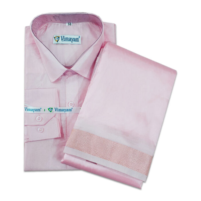 Onion Pink Color with Copper Border Dhoti towel & Shirt 3 in 1 - Image 1