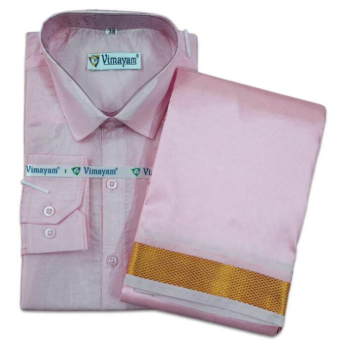 Onion Pink Color with Golden Border Dhoti towel & Shirt 3 in 1 - Image 1