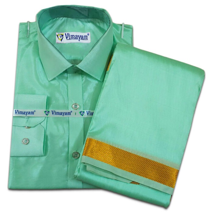 Ramar Green Color with Golden Border Dhoti towel & Shirt 3 in 1 - Image 1