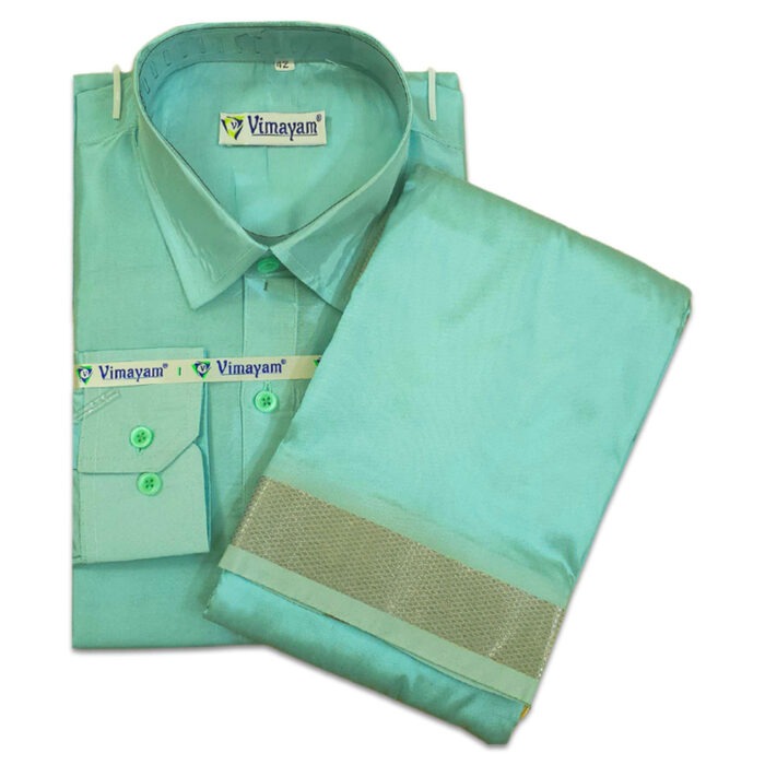 Ramar Green Color with Copper Border Dhoti towel & Shirt 3 in 1 - Image 1