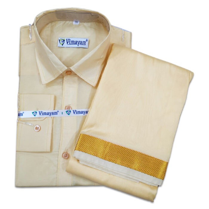 Sandal Color with Golden Border Dhoti towel & Shirt 3 in 1 - Image 1