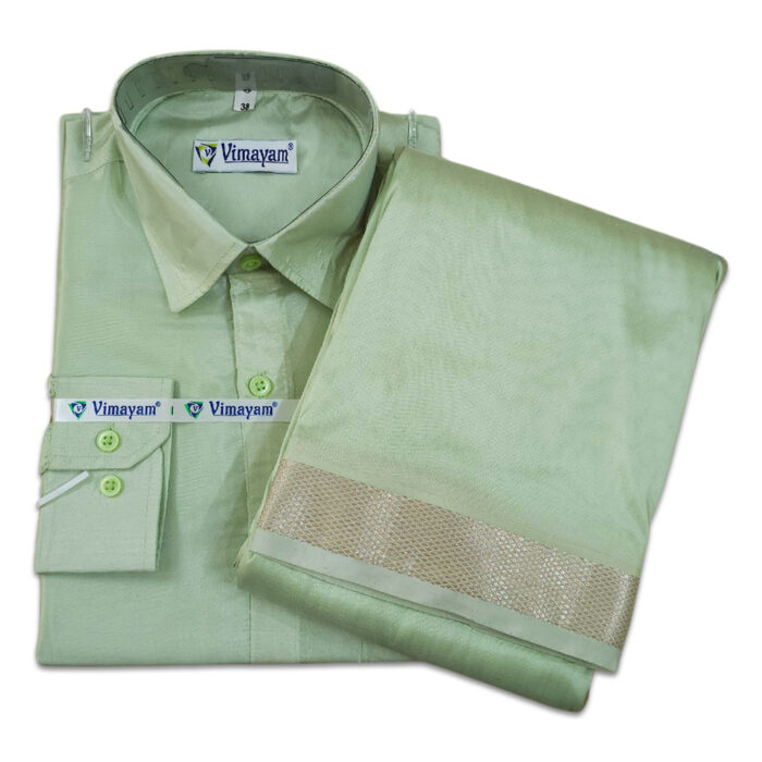 Cardamon Green Color with Copper Border Dhoti towel & Shirt 3 in 1 - Image 1
