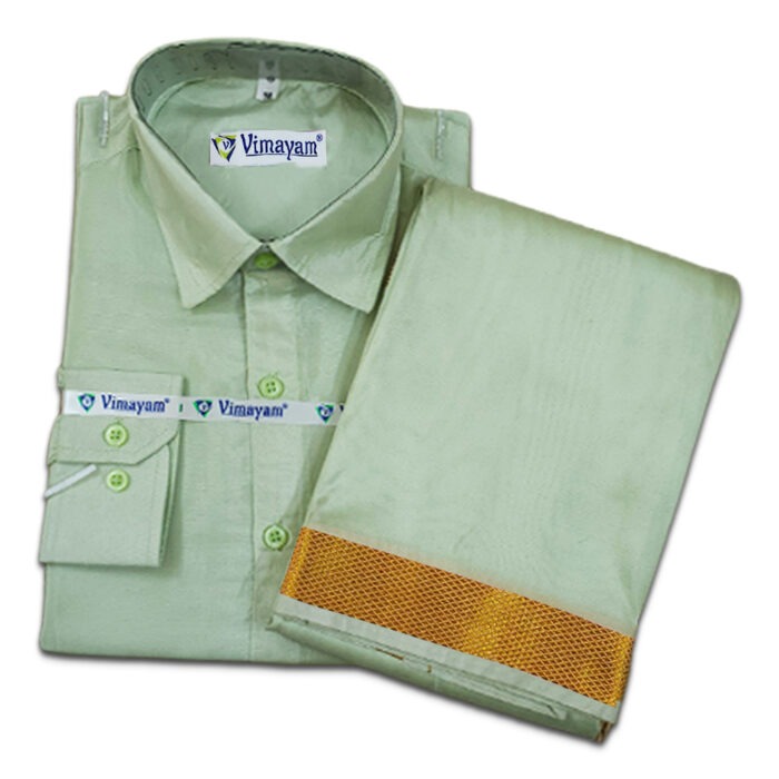 Cardamon Green Color with Golden Border Dhoti towel & Shirt 3 in 1 - Image 1