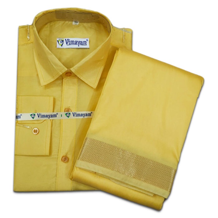 Yellow Color with Copper Border Dhoti towel & Shirt 3 in 1 - Image 1