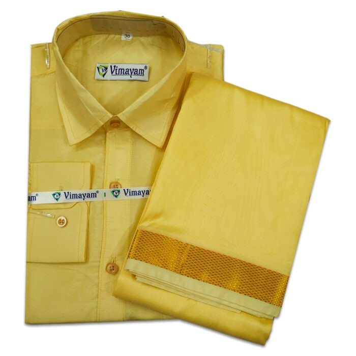 Yellow Color with Golden Border Dhoti towel & Shirt 3 in 1 - Image 1