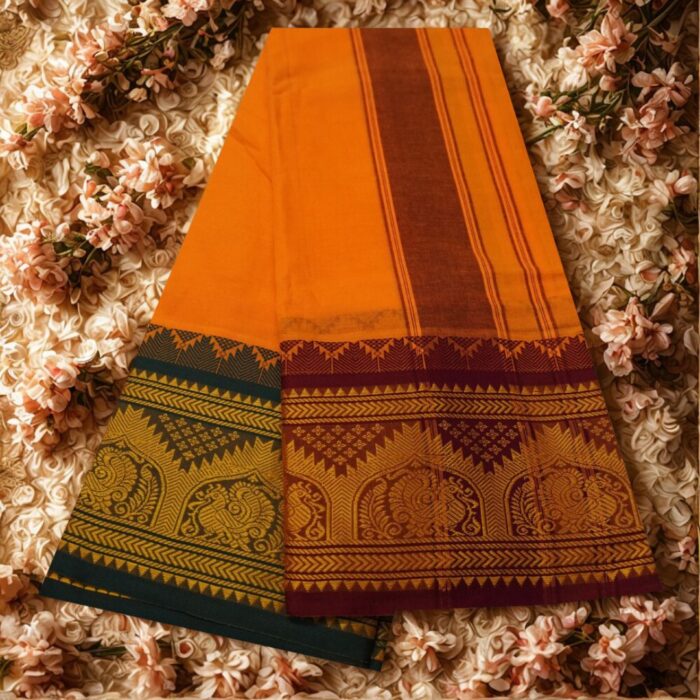 Light Orange Cotton Colour Fine Quality Dhoti 8 Inch Border - Image 2
