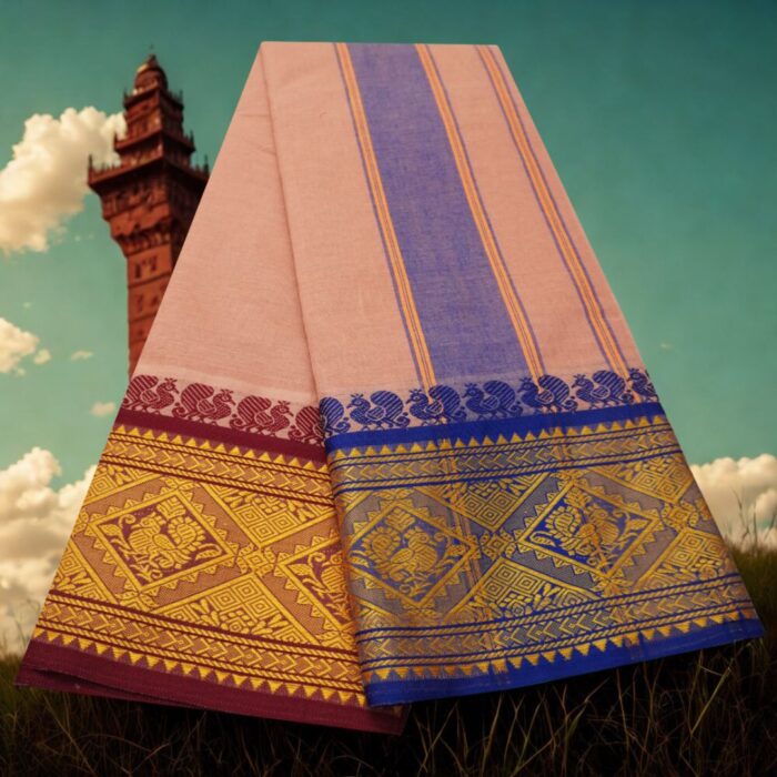 Light Kavi Cotton Colour Fine Quality Dhoti 8 Inch Border - Image 2