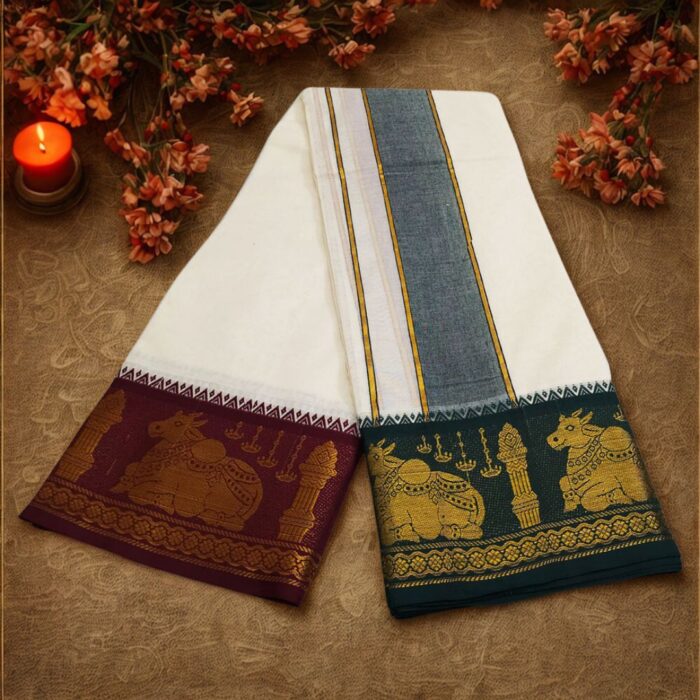 Lingam Nandhi Designed 7 Inch Border Half White Quality Dhoti - Image 3