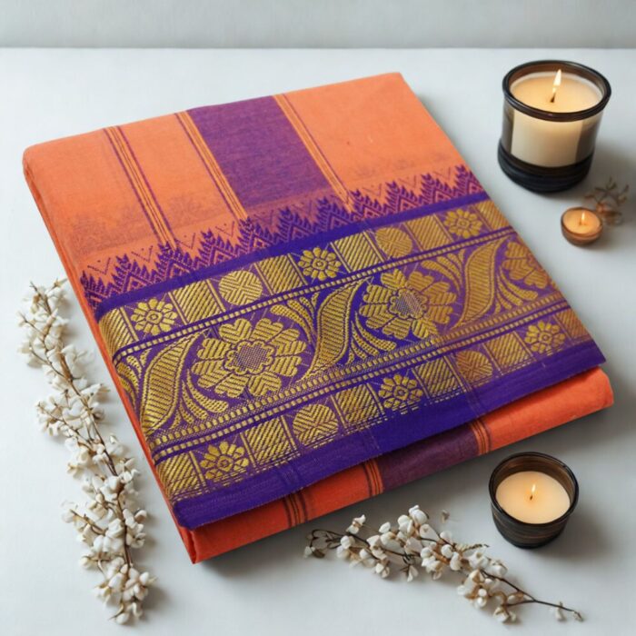 Peach Cotton Colour Fine Quality Dhoti 5 Inch Border - Image 2