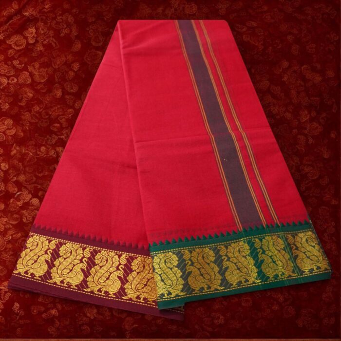 Red Cotton Colour Fine Quality Dhoti 3 Inch Border - Image 2