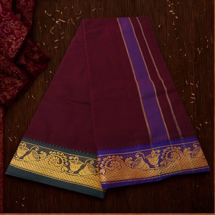 Maroon Cotton Colour Fine Quality Dhoti 3 Inch Border - Image 2