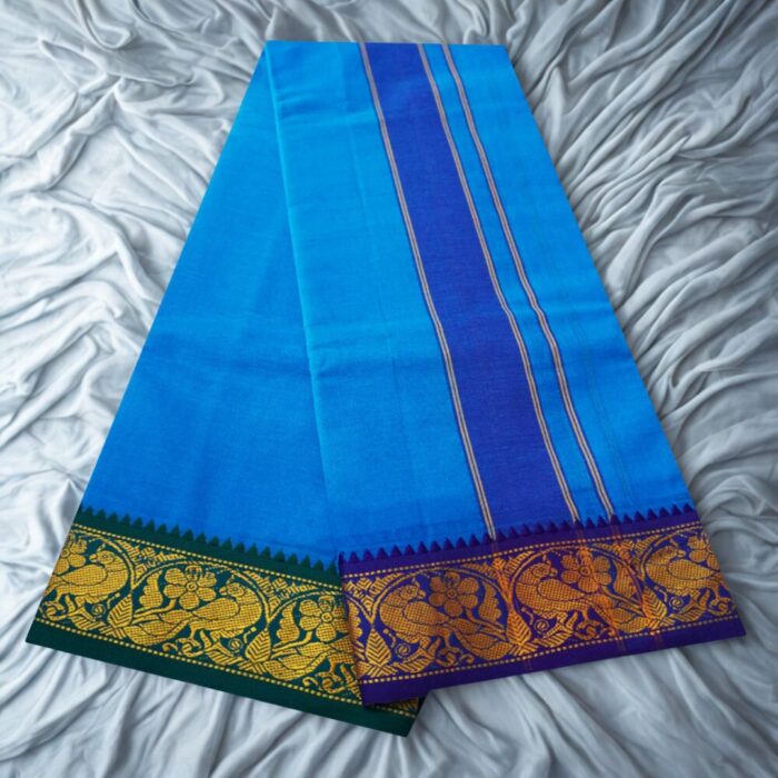 Anandha Blue Cotton Colour Fine Quality Dhoti 3 Inch Border - Image 2