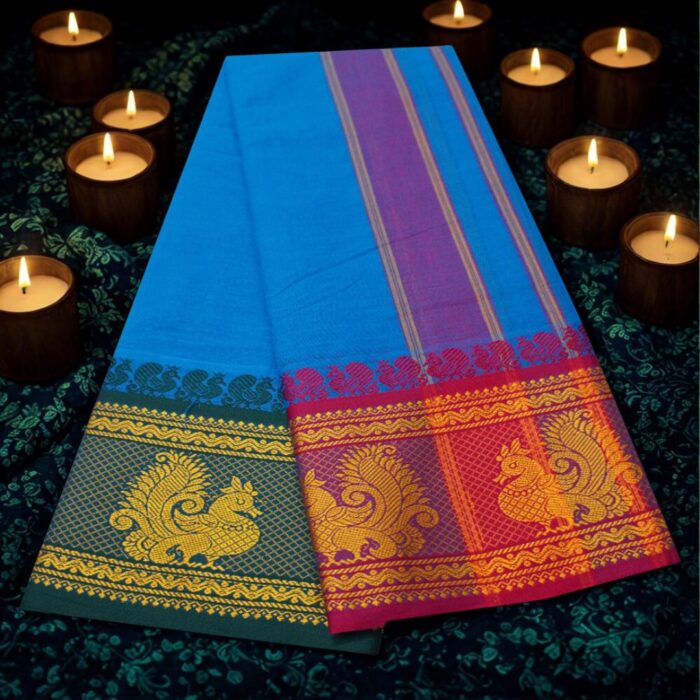 Anandha Blue Cotton Colour Fine Quality Dhoti 8 Inch Border - Image 2