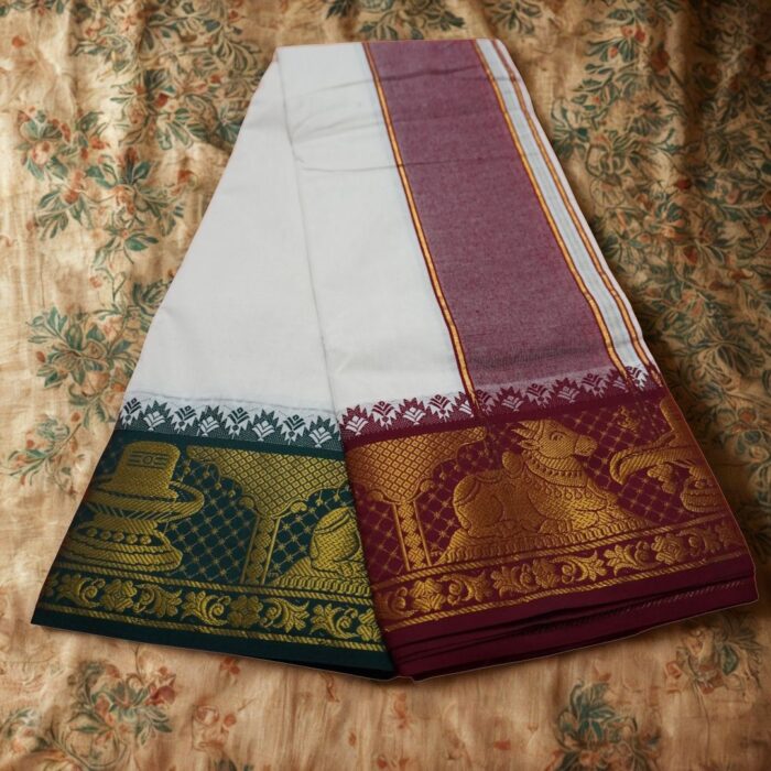 Nandhi Lingam Designed 7 Inch Border Half White Quality Dhoti - Image 2