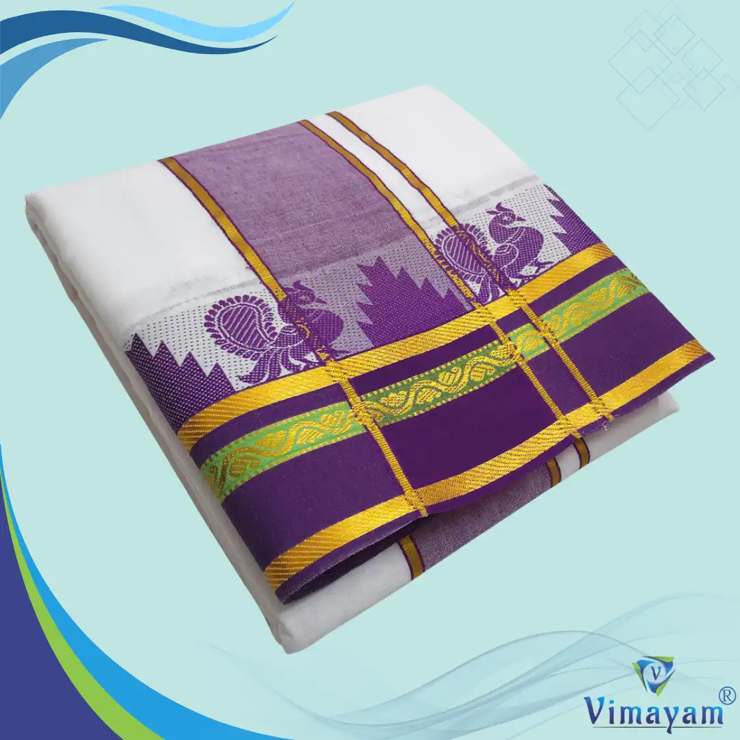 7 Shot Design7 Temple Border White Premium Quality Dhoti 9X5 - Image 1