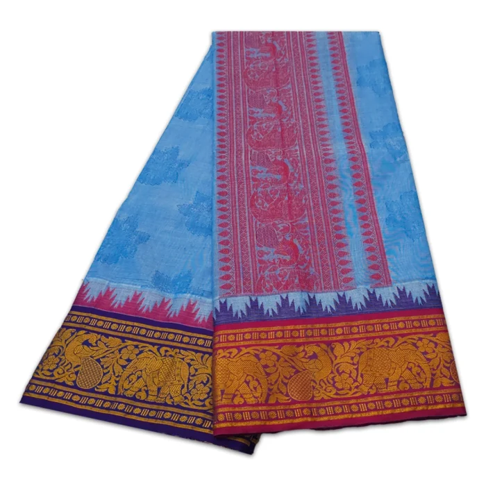 Anandha Blue Colour Premium Embose Cotton Dhoti with Towel 9X5 - Image 2