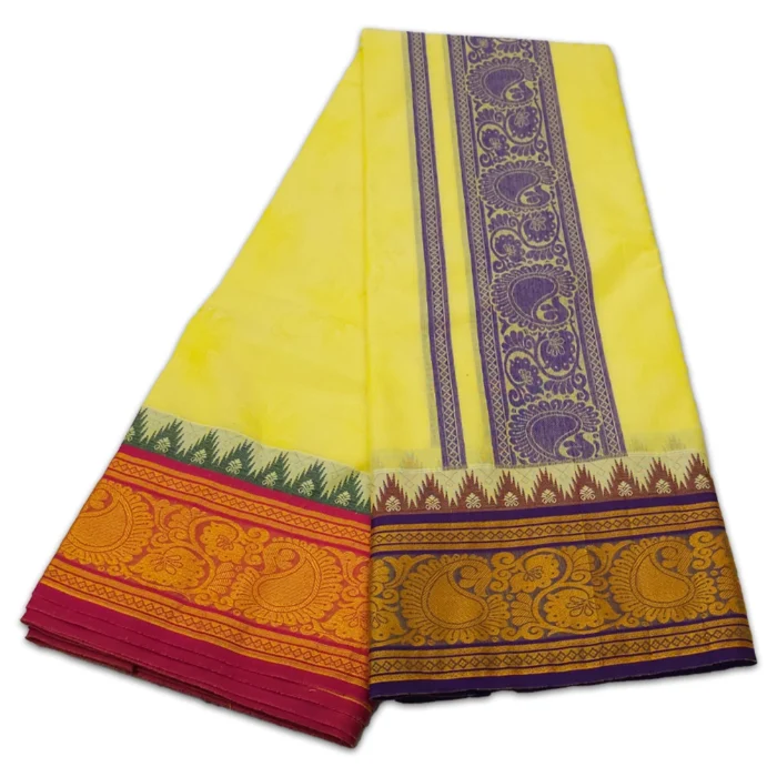 Yellow Colour Premium Embose Cotton Dhoti with Towel 9X5 - Image 2